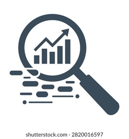 A magnifying glass with a graph chart and an arrow pointing up, representing growth analysis and business finance concepts, with a clean and simple design