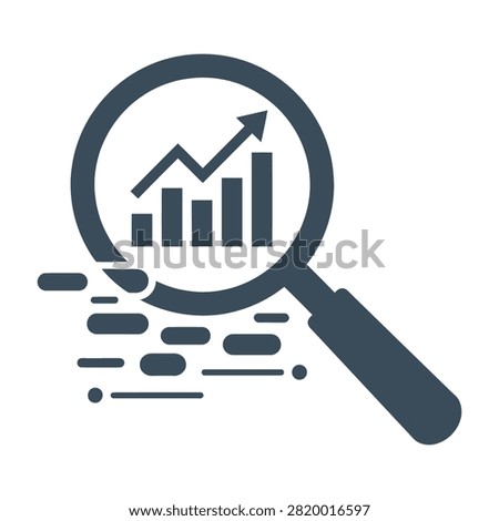 A magnifying glass with a graph chart and an arrow pointing up, representing growth analysis and business finance concepts, with a clean and simple design