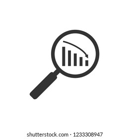 Magnifying glass, graph, chart icon. Vector illustration, flat design.