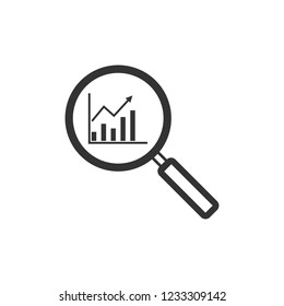 Magnifying glass, graph, chart icon. Vector illustration, flat design.