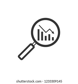 Magnifying glass, graph, chart icon. Vector illustration, flat design.