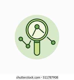 Magnifying glass with graph green icon. Vector colorful magnifier and graph flat business concept symbol