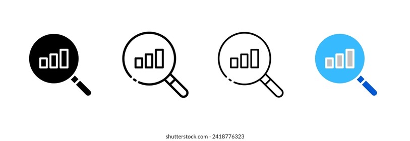 Juego de iconos de vidrio y gráfico de aumento. Silhouette, lineal y plano. Iconos vectores.