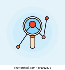 Magnifying glass with graph symbol - vector data analytics flat design illustration on blue background
