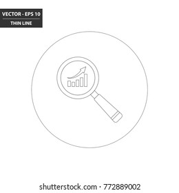 Magnifying glass and graph up thin line flat icon. Vector Illustration.
