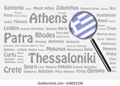 The magnifying glass with the Greek flag is on the right side of the vector. The background consists of the names of the best travel destinations, cities, natural monuments and landmarks of Greece.