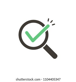 Magnifying glass with green check tick. Vector icon illustration design. For concepts of research, results found, success, examination, reviews, discovery