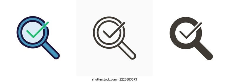 Vidrio de aumento con marca de verificación verde. Diseño de ilustración de icono vectorial en 3 estilos. Para conceptos de investigación, resultados encontrados, éxito, examen, revisiones, descubrimiento