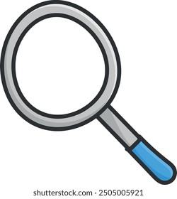 Magnifying glass with grey frame and blue handle, simple design. 