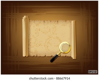 magnifying glass and grungy scroll on abstract scratched background
