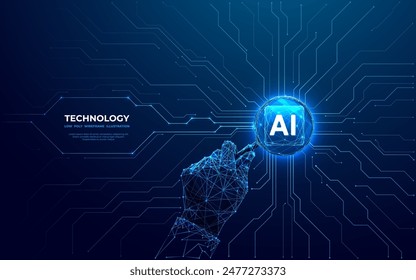 Magnifying glass in a hand and AI chip with circuit light thin lines on dark blue background. CPU semiconductor on circuit board. AI innovation and analysis concept. Polygonal vector illustration.