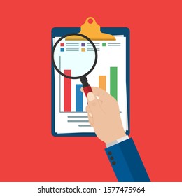 magnifying glass in the hand. Audit research vectors icon, financial report data analysis, analytics accounting concept with charts and diagrams. Clipboard vector template. Vector illustration.10 eps.
