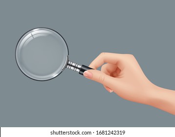 Magnifying glass in hand. Detective holding gadget zoomed loupe lens vector realistic pictures isolated