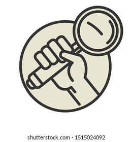 Magnifying glass in hand icon or symbol isolated on white background, abstract vector illustration