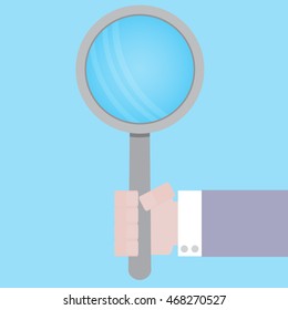 Magnifying glass in hand. Research analysis and discovery concept. Vector illustration