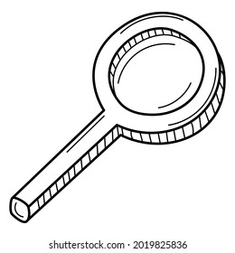A magnifying glass with a handle. The symbol of search, research. Doodle. Hand-drawn black and white vector illustration. The design elements are isolated on a white background