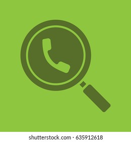 Magnifying glass with handset glyph color icon. Silhouette symbol. Phone contacts search. Negative space. Vector isolated illustration