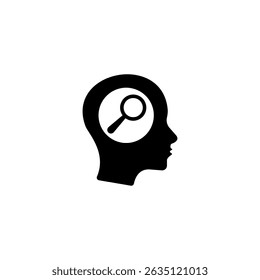 magnifying glass with head like insight icon. flat cartoon simple neuroscience logotype graphic art pictogram design web element isolated on white.

