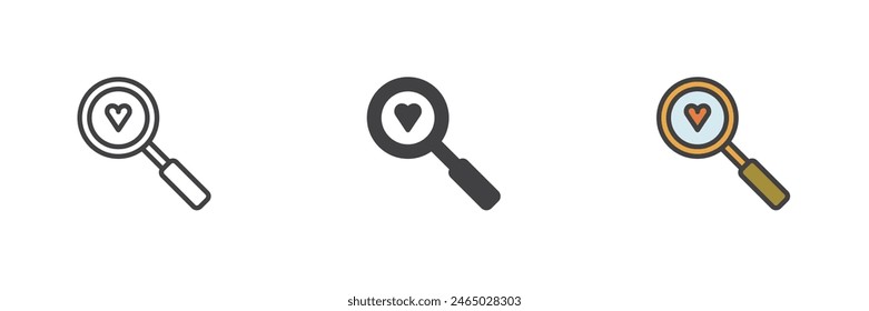 Magnifying glass with Heart different style icon set. Line, glyph and filled outline colorful version, outline and filled vector sign. Heart diagnostics symbol, logo illustration. Vector graphics