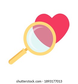 Magnifying glass and heart. Love symbol. Find love. Valentine's Day sign. Vector illustration isolated on white background.