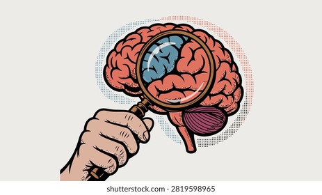 Magnifying glass held by hand scrutinizing a human brain with blue and red Transparent Background