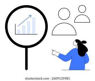 A magnifying glass highlighting a bar chart with an upward arrow and outlines of two figures. A person in a blue shirt points to the chart. Ideal for business analytics, teamwork, growth, data