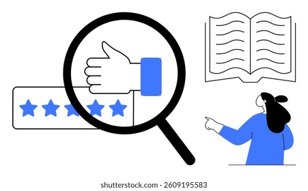 Magnifying glass highlighting a thumb up icon, below which are five stars. An open book, and a person pointing. Ideal for reviews, feedback, education, customer experience, research. Minimalist