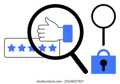 Magnifying glass highlighting a thumbs up, with a 5-star rating and a padlock. Ideal for trust, security, customer satisfaction, reviews, and reliability. Clean, minimalist style