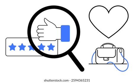 Magnifying glass highlighting thumbs up, five-star rating, heart, and briefcase. Ideal for customer reviews, quality rating, satisfaction, feedback, loyalty, business services, and professional