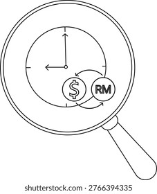 A magnifying glass highlights a clock face with USD and MYR currency symbols rotating