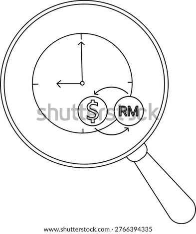 A magnifying glass highlights a clock face with USD and MYR currency symbols rotating
