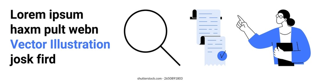 Magnifying glass highlights document review by professional pointing at paperwork. Ideal for presentations, business reports, educational materials, marketing, website design, instructional guides