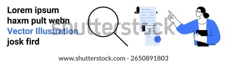 Magnifying glass highlights document review by professional pointing at paperwork. Ideal for presentations, business reports, educational materials, marketing, website design, instructional guides