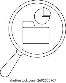 A magnifying glass highlights a folder pie chart symbolizing data analysis exploration