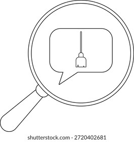 A magnifying glass highlights a speech bubble with an image of a mop inside