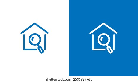 Magnifying glass and house building logo. House search logo icon design. Find house logo design