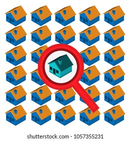 Magnifying glass and house. illustration looking for the best and cheapest house. Concept business illustration