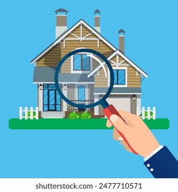 Magnifying glass with house. Real estate concept. Search for home vector icon. Vector illustration in flat style