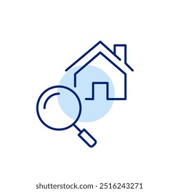 Magnifying glass and house. Real estate platforms, property listing apps, or house-hunting services. Pixel perfect, editable stroke icon