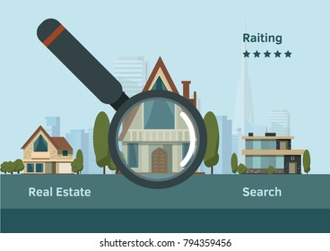 Magnifying glass with house. Real estate concept. Vector illustration.