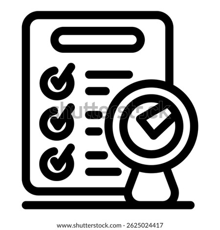 Magnifying glass hovering over checklist, symbolizing quality control, inspection, and verification of completed tasks