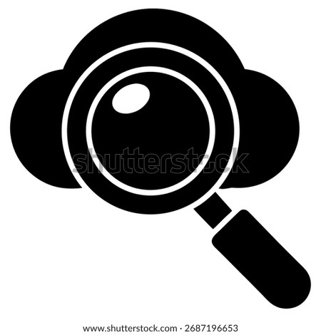 A magnifying glass hovers over a cloud, representing cloud computing, data analysis, and the search for information in the digital realm