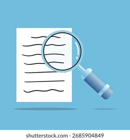 A magnifying glass hovers over a document, symbolizing research and analysis. The blue background adds a professional touch. Perfect for illustrating concepts of investigation.