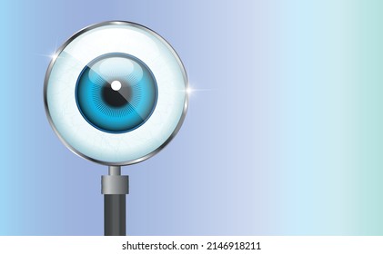 Magnifying glass and human eye inside a magnifying glass on a blue gradient background.