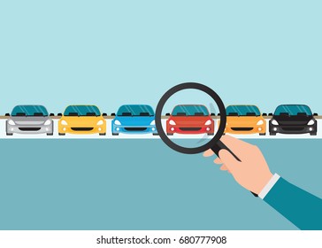 Magnifying glass in human hand with car, conceptual of choice flat style vector illustration. 
