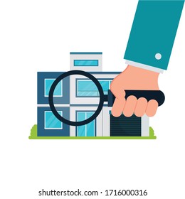 Magnifying glass in human hand with house icon. Real estate concept. Search for home . Vector illustration in flat style icon .