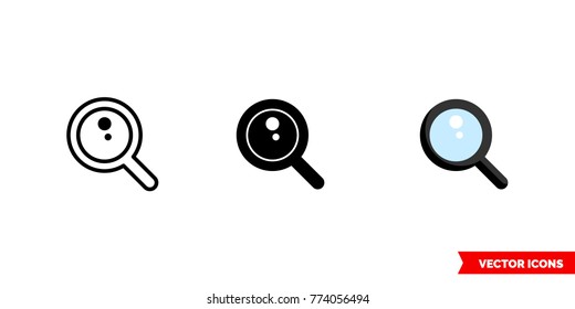Magnifying glass icon of 3 types: color, black and white, outline. Isolated vector sign symbol.