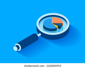 Magnifying glass icon in 3d flat style. Search loupe and diagrams on color background. Zoom progress chart. Business analytic illustration. Vector design object for you project 