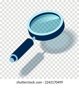 Icono de cristal de aumento en 3d plano. Buscar en fondo transparente. Ilustración analítica empresarial. Objeto de diseño de vectores para el proyecto 