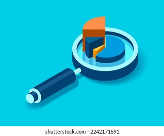 Magnifying glass icon in 3d flat style. Search loupe and diagrams on color background. Zoom progress chart. Business analytic illustration. Vector design object for you project 